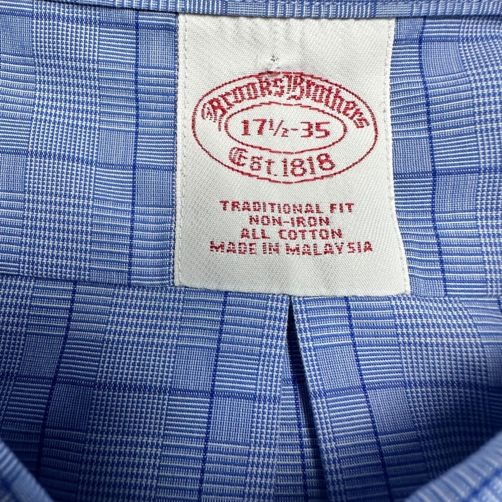 Brooks Brothers Button Down Shirt Mens 17.5-35 Blue Grid Traditional Non-Iron - Picture 4 of 8